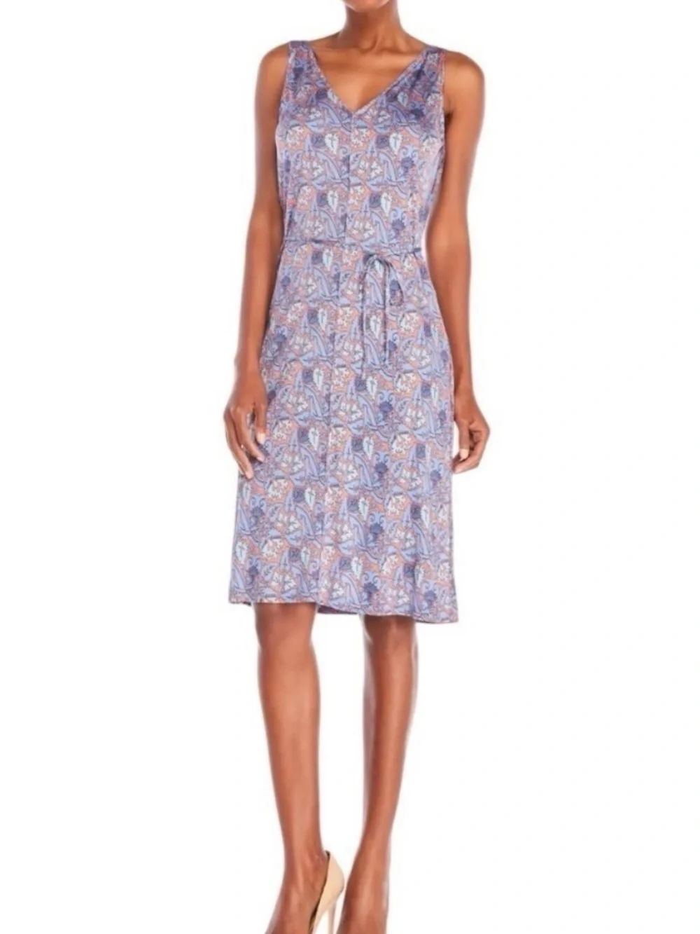 Tory Burch midi dress v neck orange blue paisley leaf pattern L